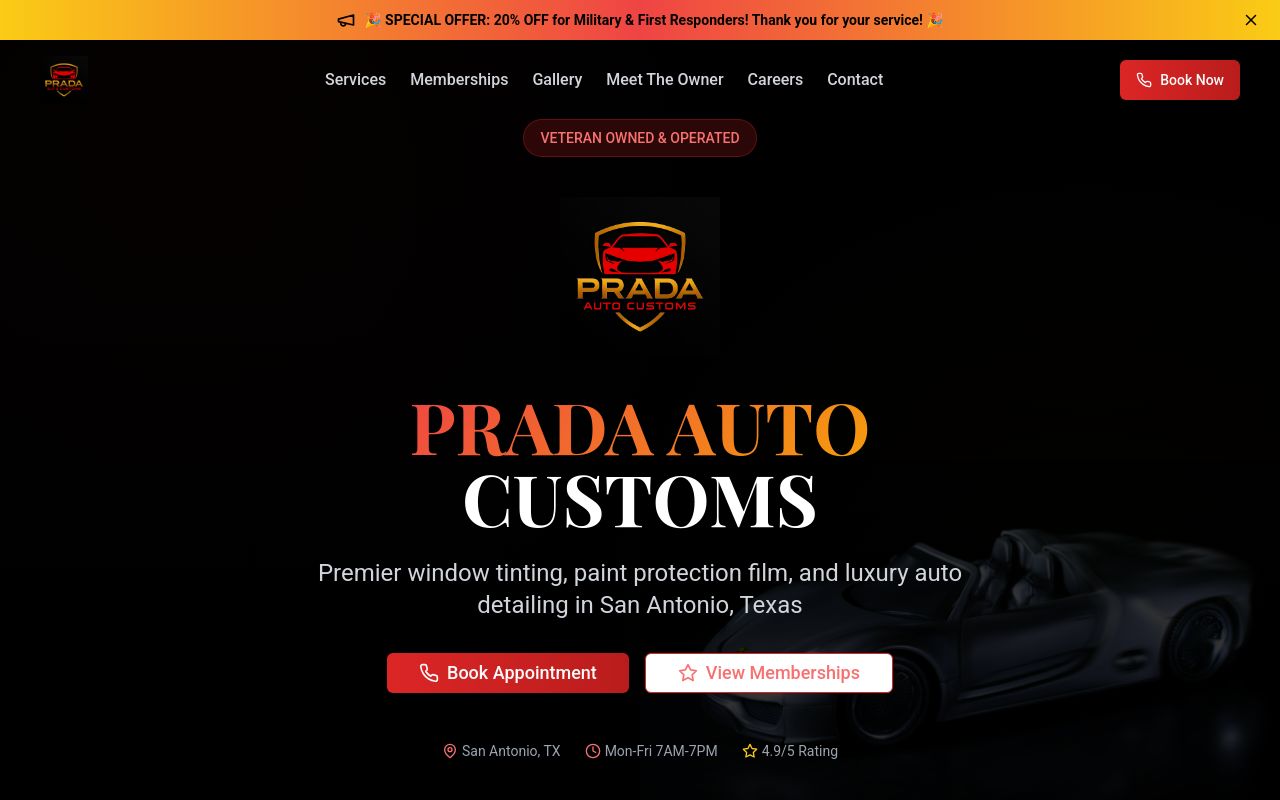 Homepage of Prada Auto Customs's website