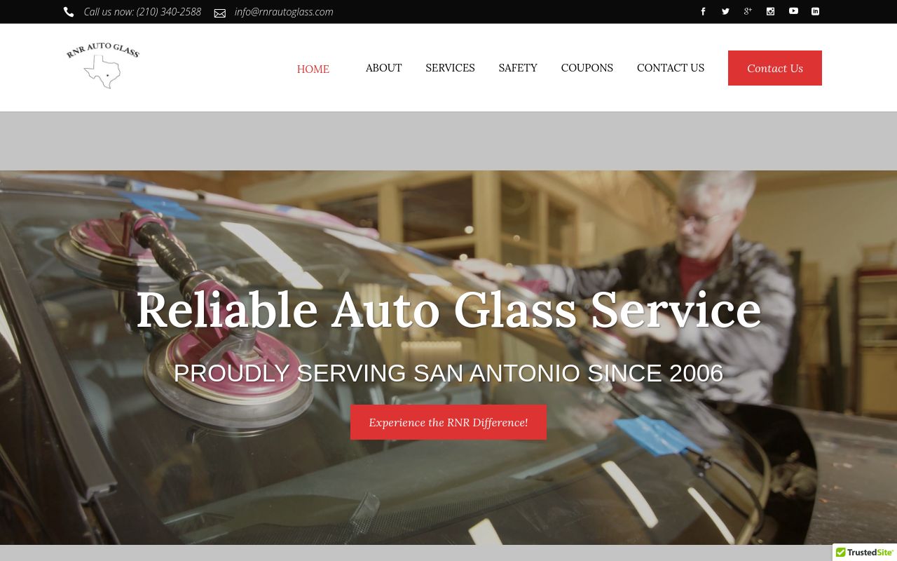 Homepage of RNR Auto Glass's website
