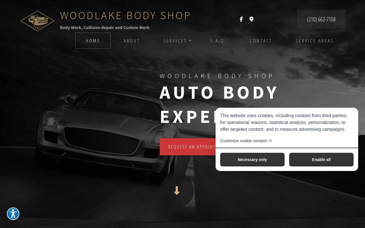 Homepage of Woodlake Body Shop's website