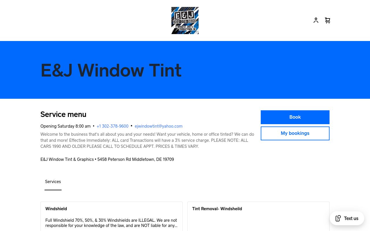 Homepage of E&J Window Tint & Graphics's website