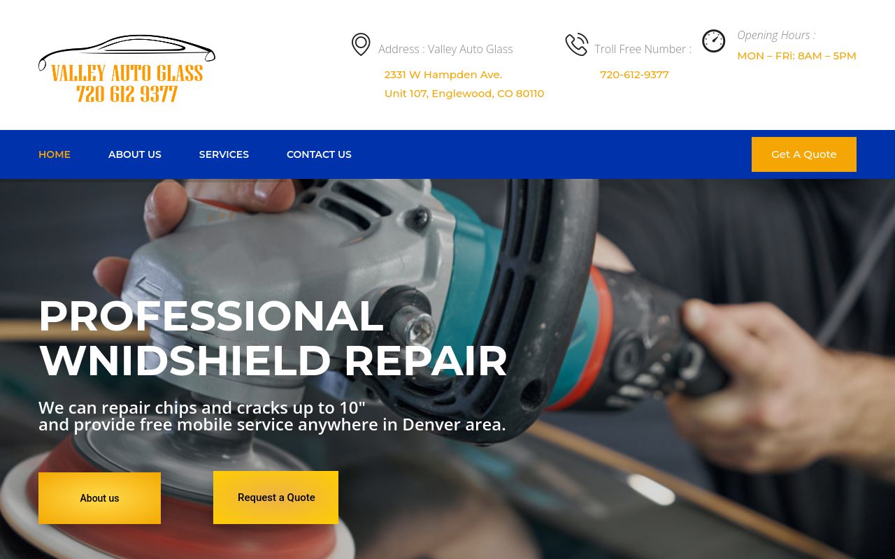 Homepage of Valley Auto Glass's website