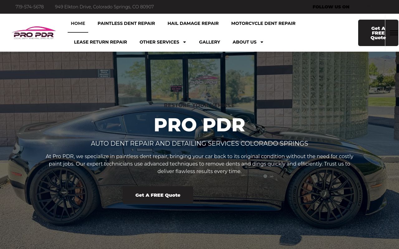 Homepage of Pro PDR - Paintless Dent Repair Colorado Springs - Hail Damage Repair's website