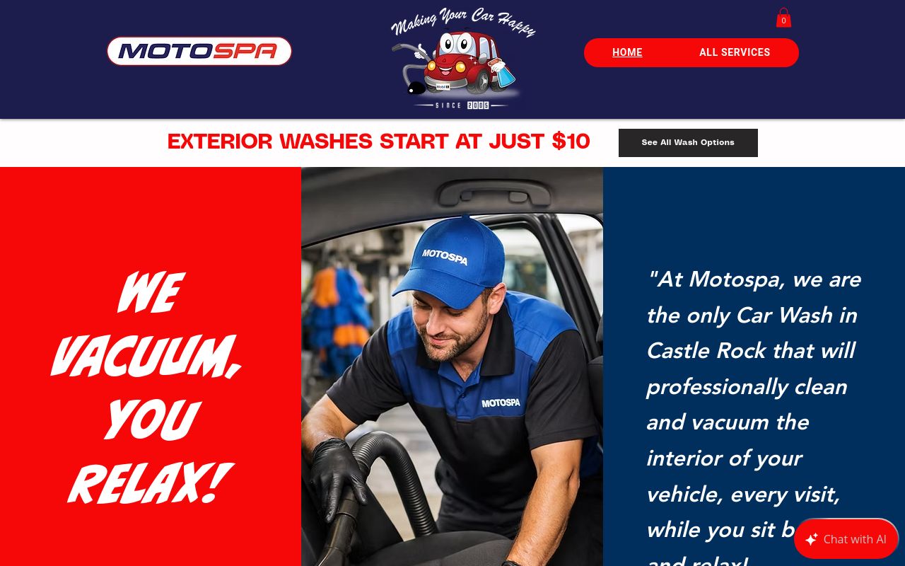 Homepage of Motospa Car Wash, Detail, & Mobil1 Lube Center's website