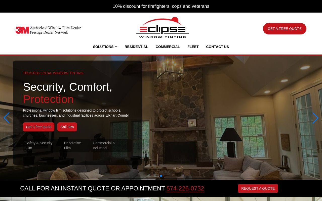 Homepage of Eclipse Window Tinting's website