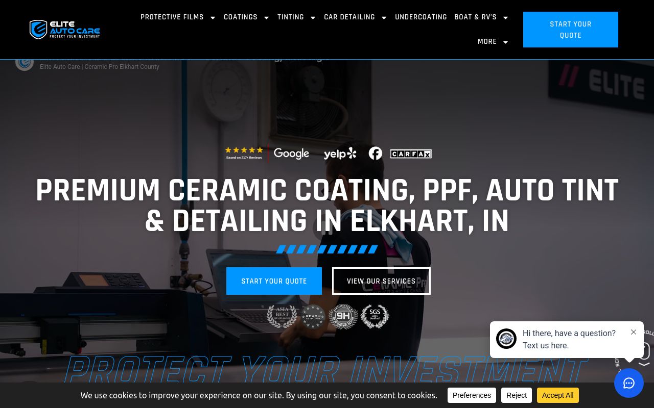 Homepage of Elite Auto Care - Ceramic Coatings, Paint Protection Film, & Window Tinting's website