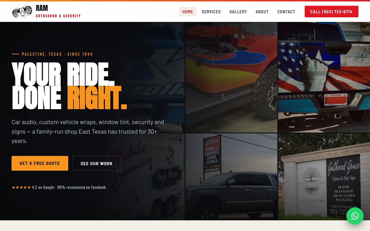 Homepage of Ram AutoSound & Security's website