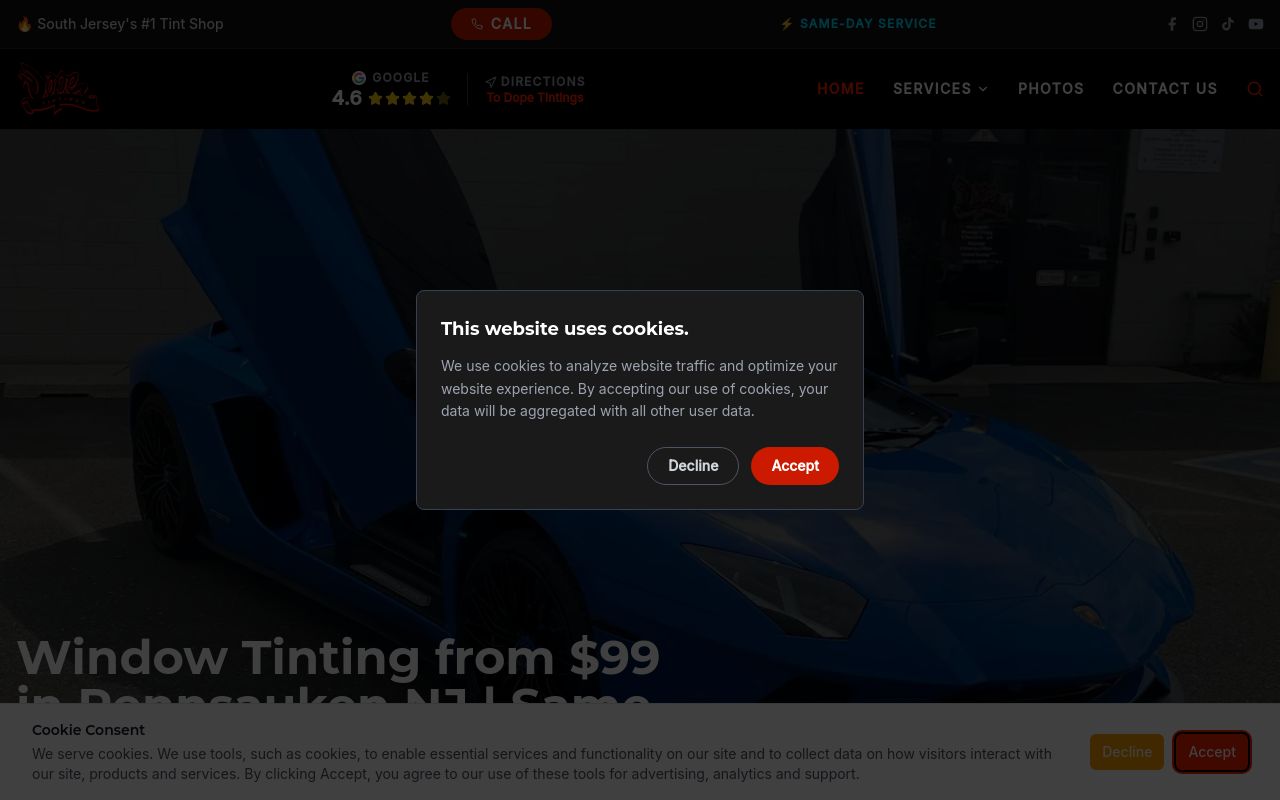 Homepage of Dope Tintings's website