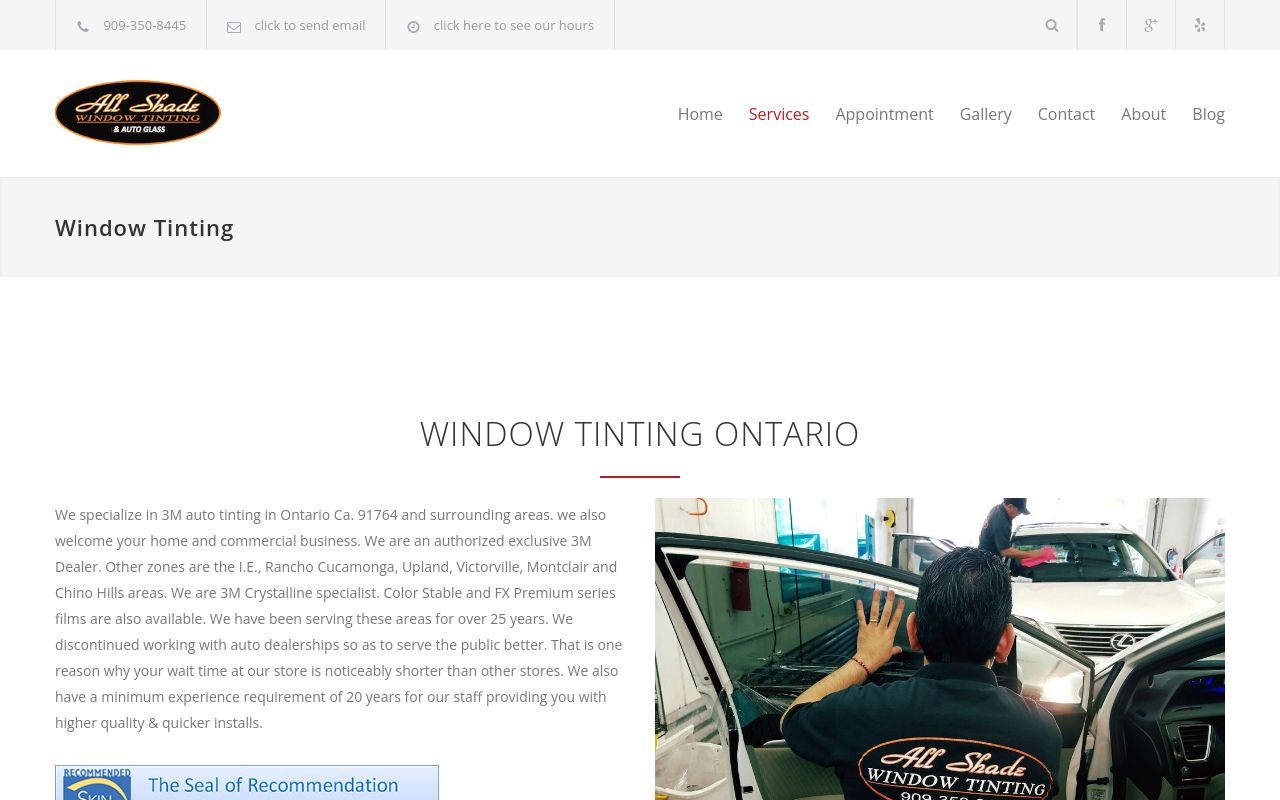 Homepage of All Shade Window Tinting's website