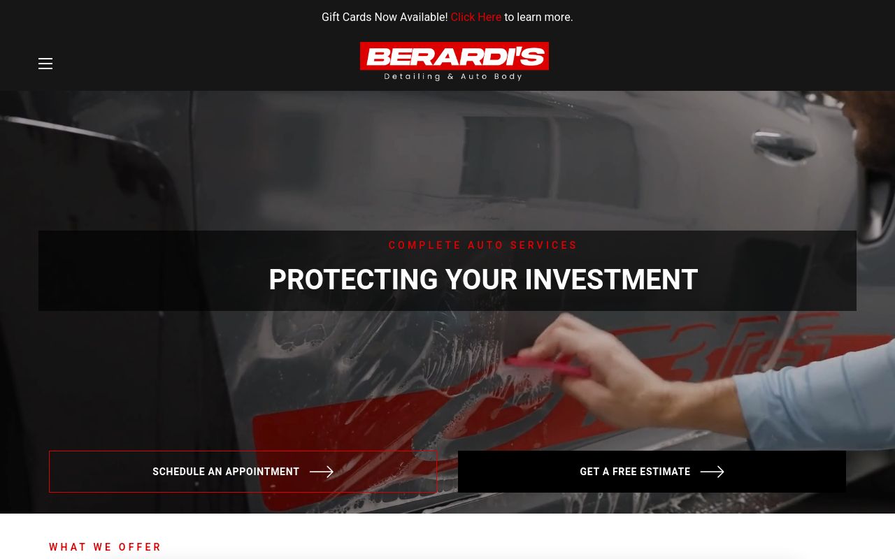 Homepage of Berardi's Detailing, Ceramic Coating, & Window Tinting's website