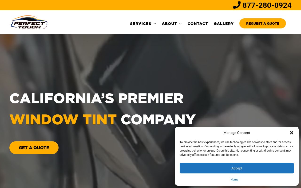 Homepage of Perfect Touch Window Tint's website