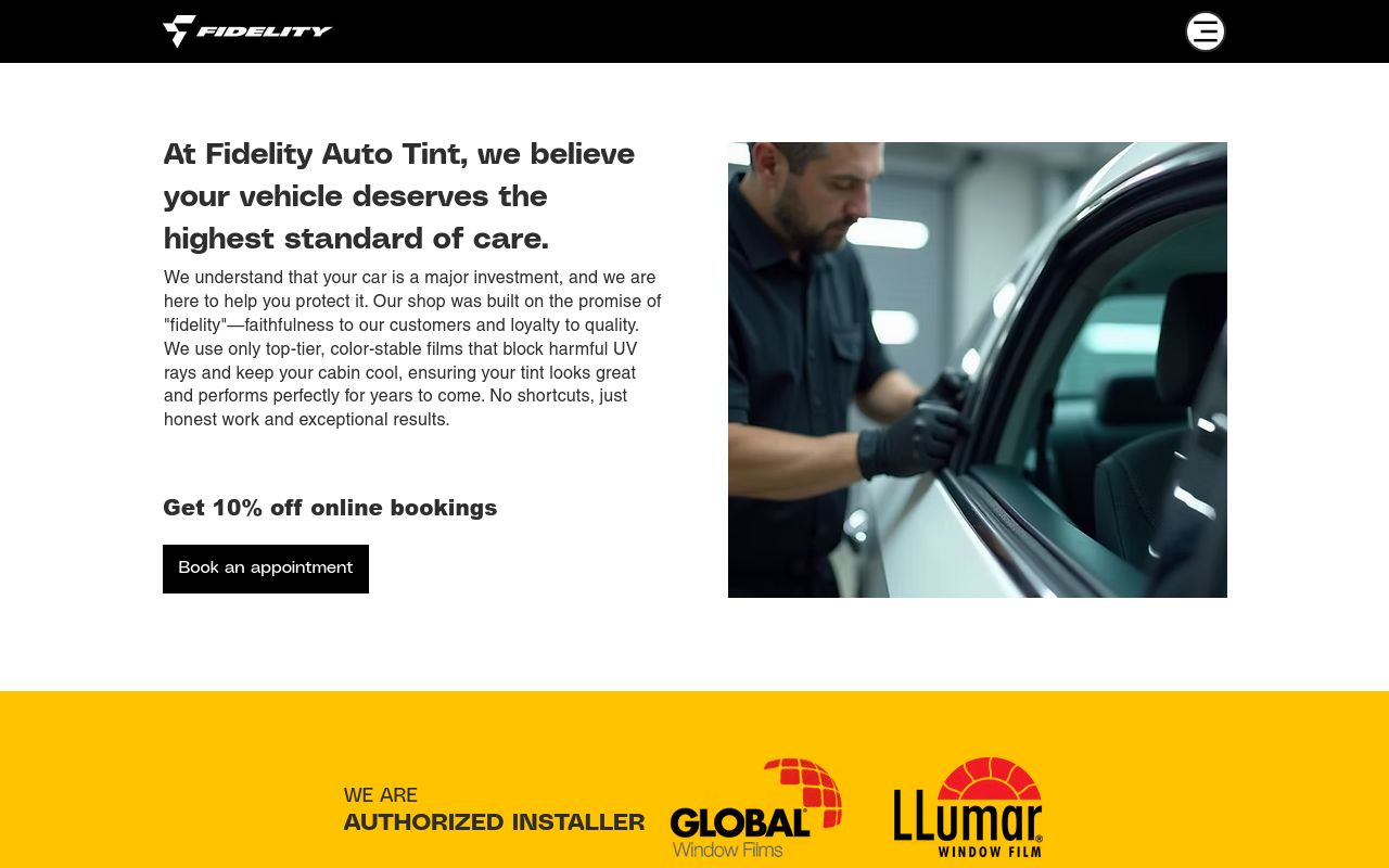Homepage of Fidelity Auto Tint's website
