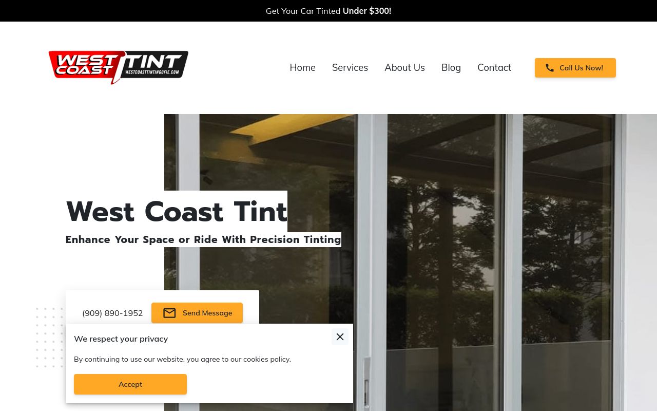 Homepage of West Coast Tint's website