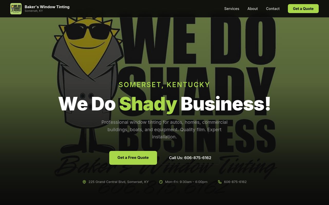 Homepage of Baker's Window Tinting's website