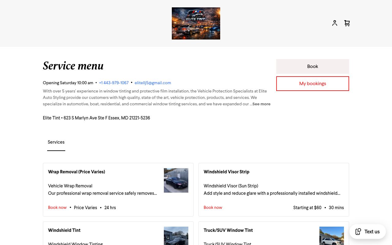 Homepage of Elite Tint's website