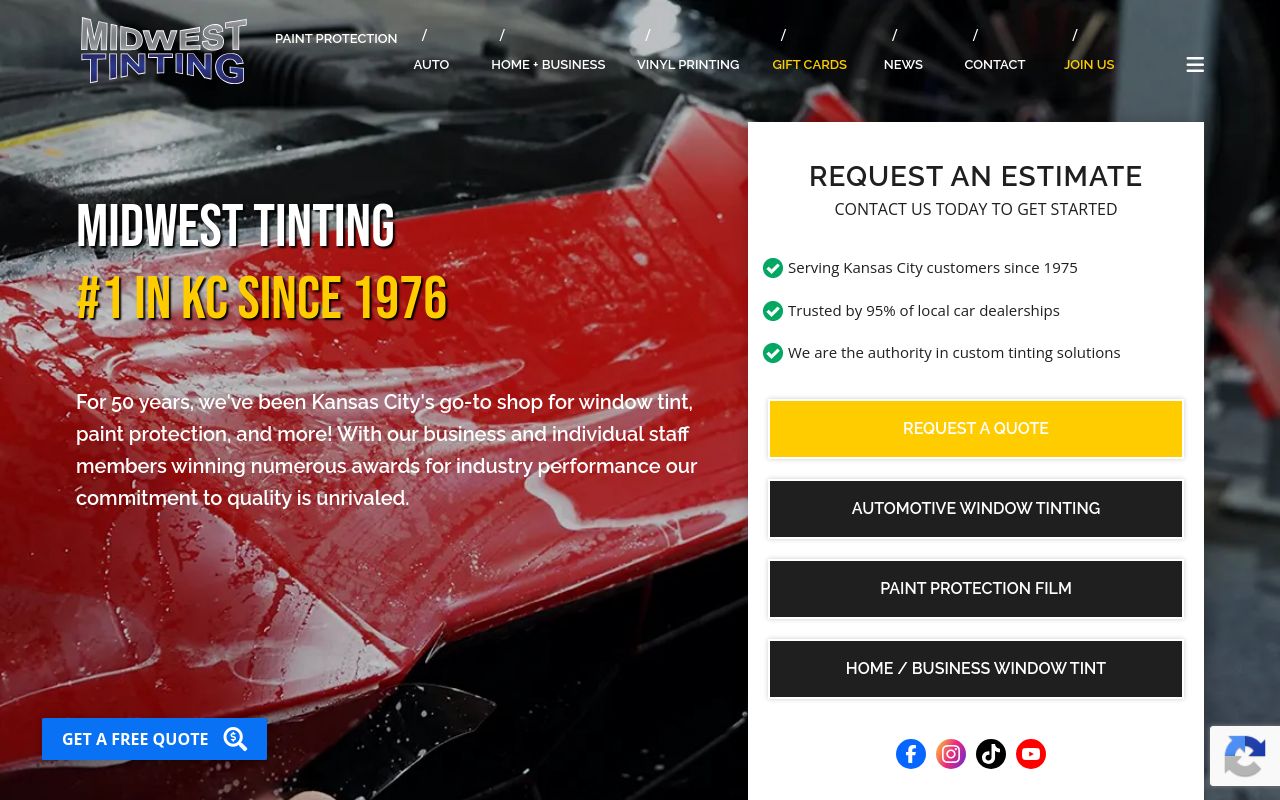 Homepage of Midwest Tinting's website