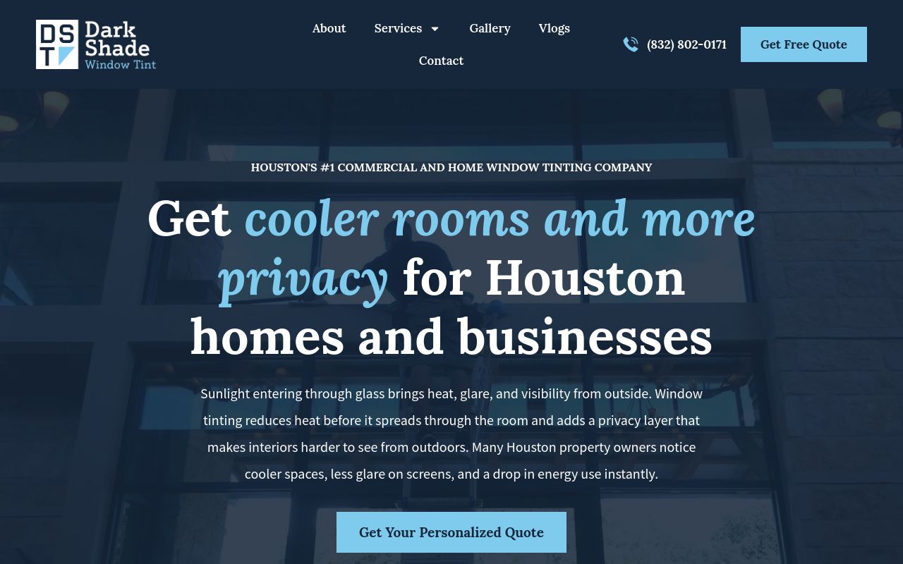 Homepage of Dark Shade Window Tint - Commercial, Home, Security's website