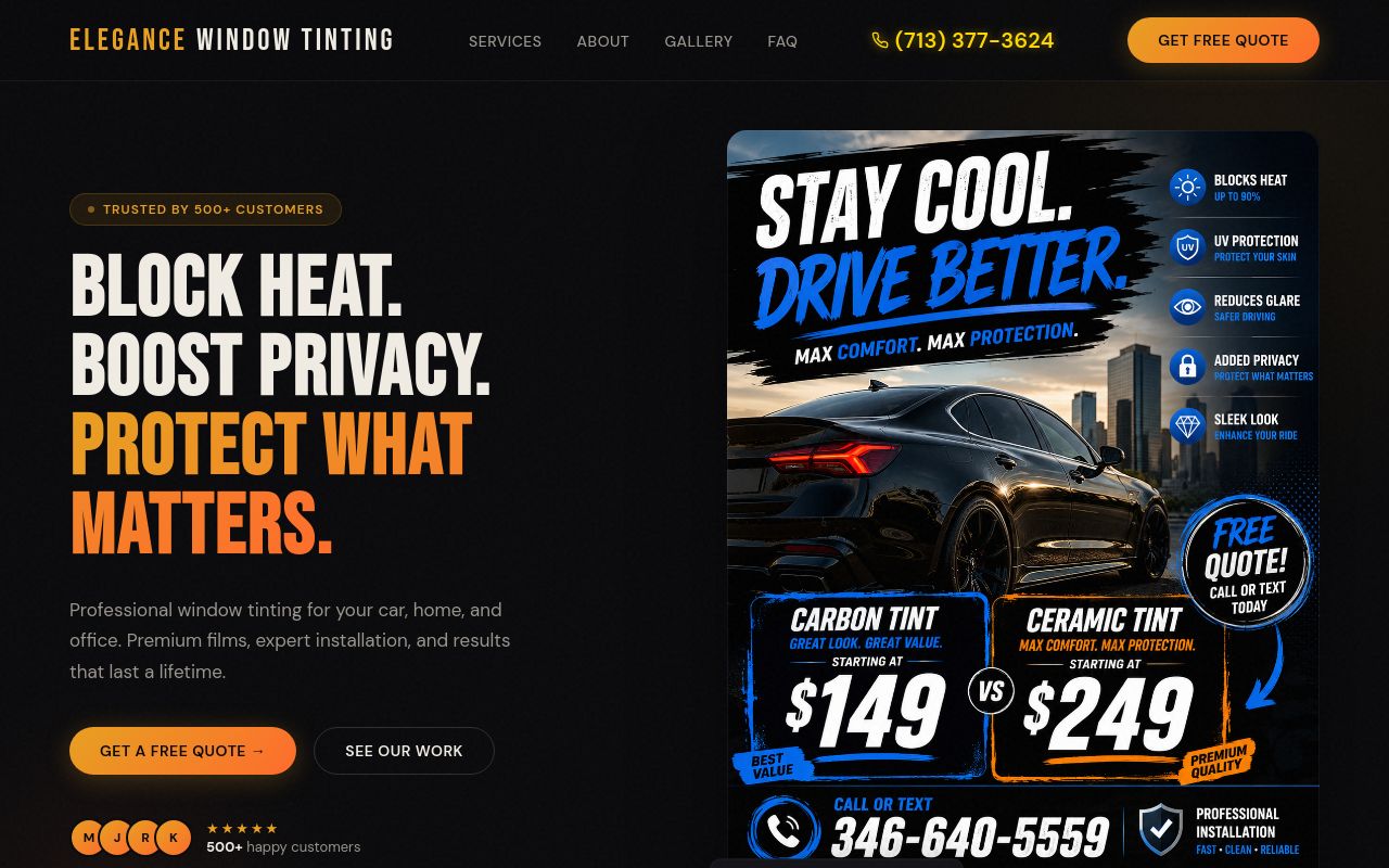 Homepage of Elegance Window Tint's website