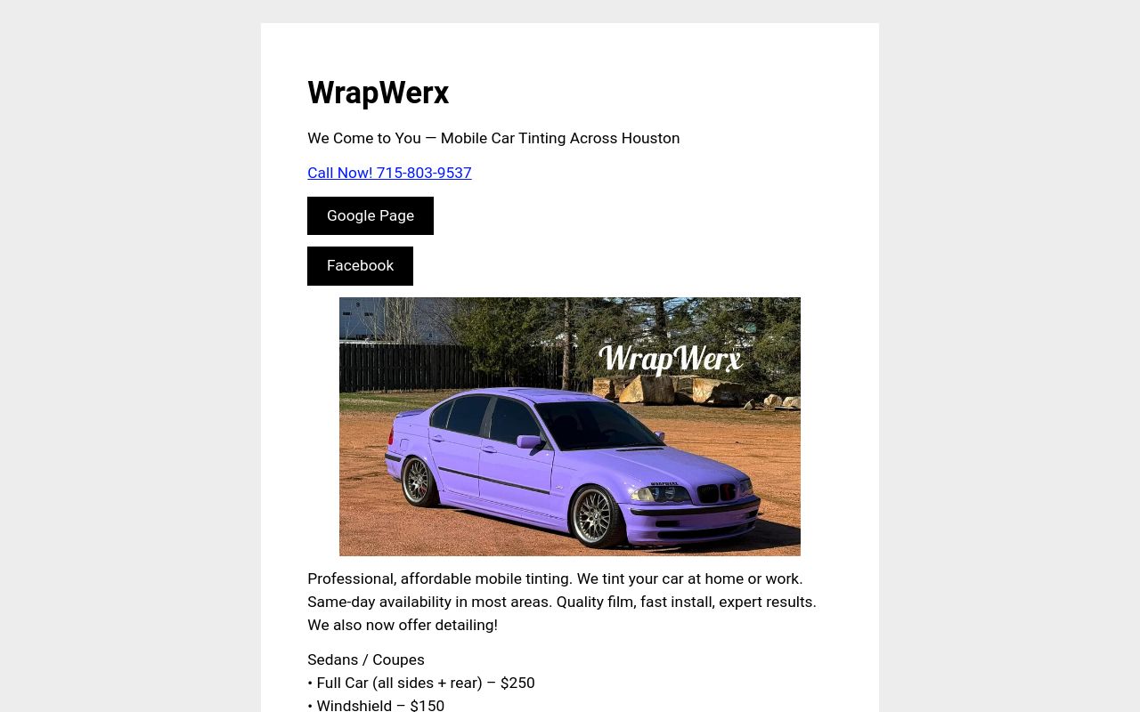 Homepage of WrapWerx mobile window tint's website