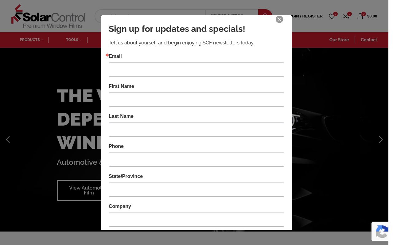 Homepage of Solor Control Films's website