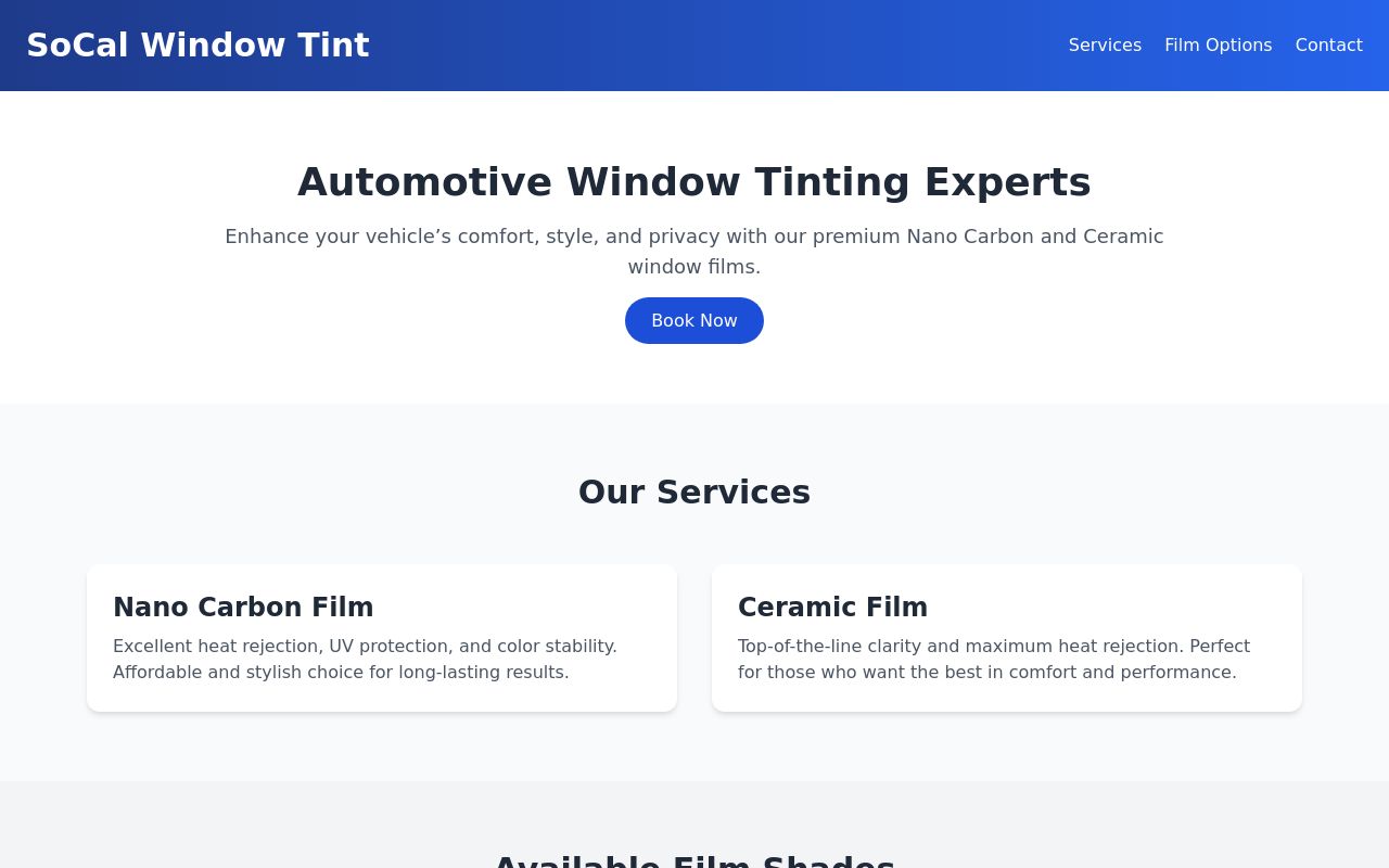 Homepage of SoCal Window Tint's website