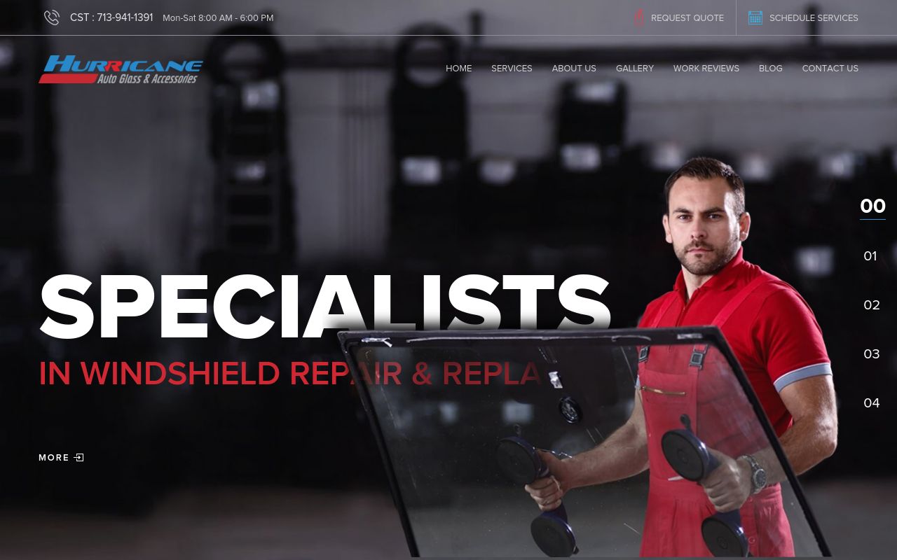 Homepage of Hurricane Auto - Auto Glass Store & Window Tinting's website