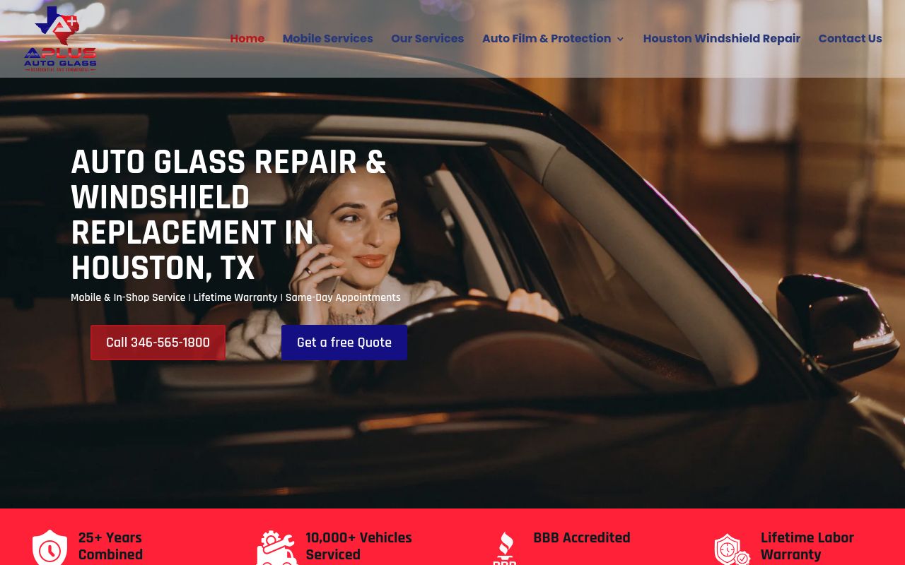 Homepage of A Plus Auto Glass and Window Tint's website
