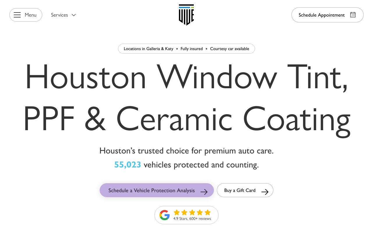 Homepage of Vive Auto Tint PPF Ceramic Coating - Houston Galleria's website