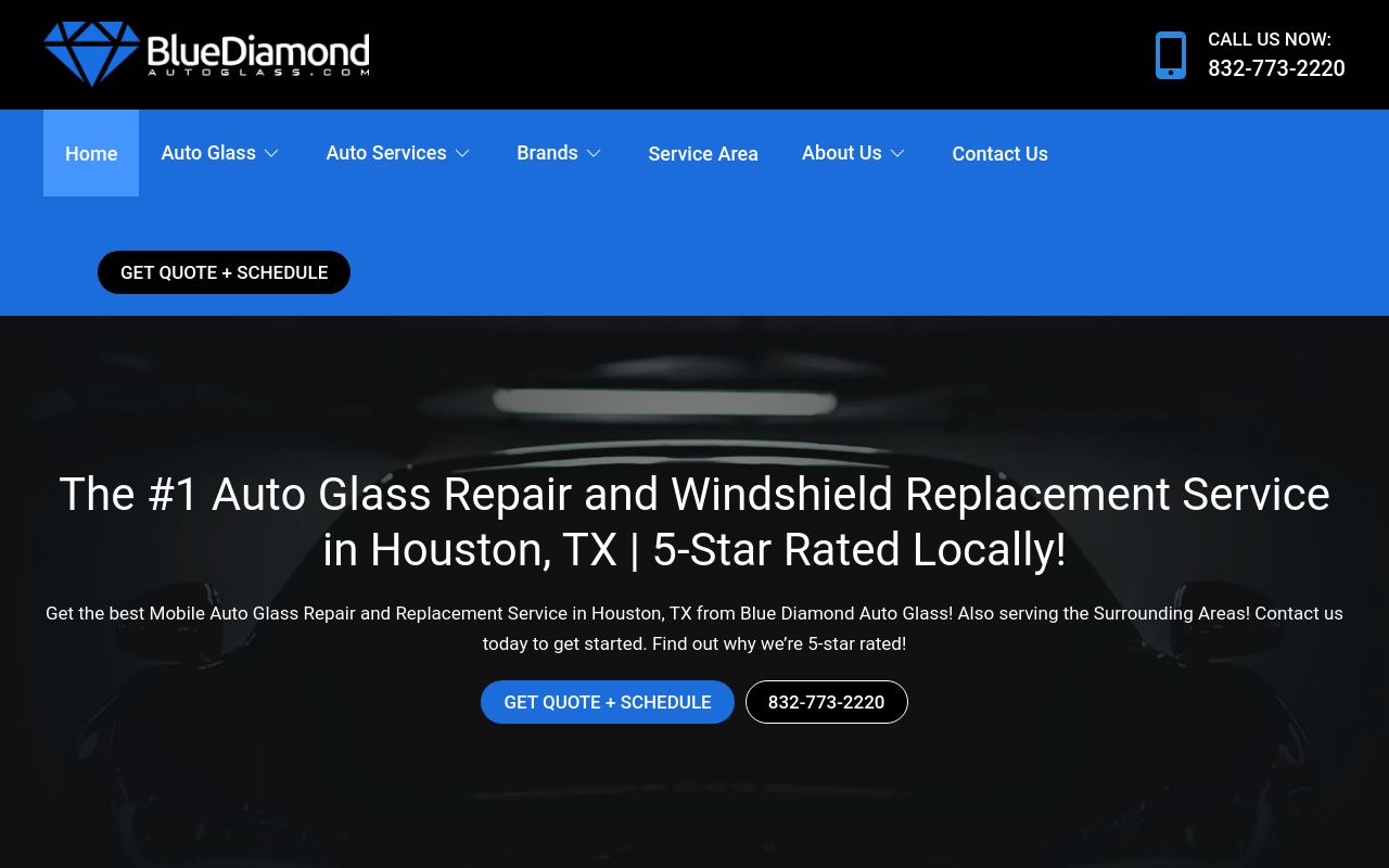 Homepage of Blue Diamond Auto Glass's website