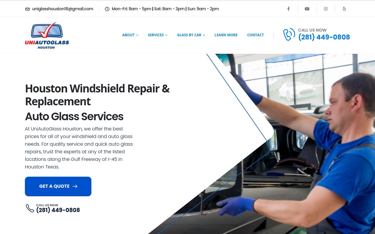 Homepage of Uni Auto Glass Houston's website
