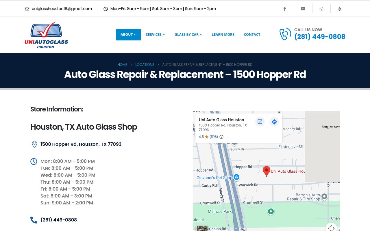 Homepage of Uni Auto Glass Houston's website