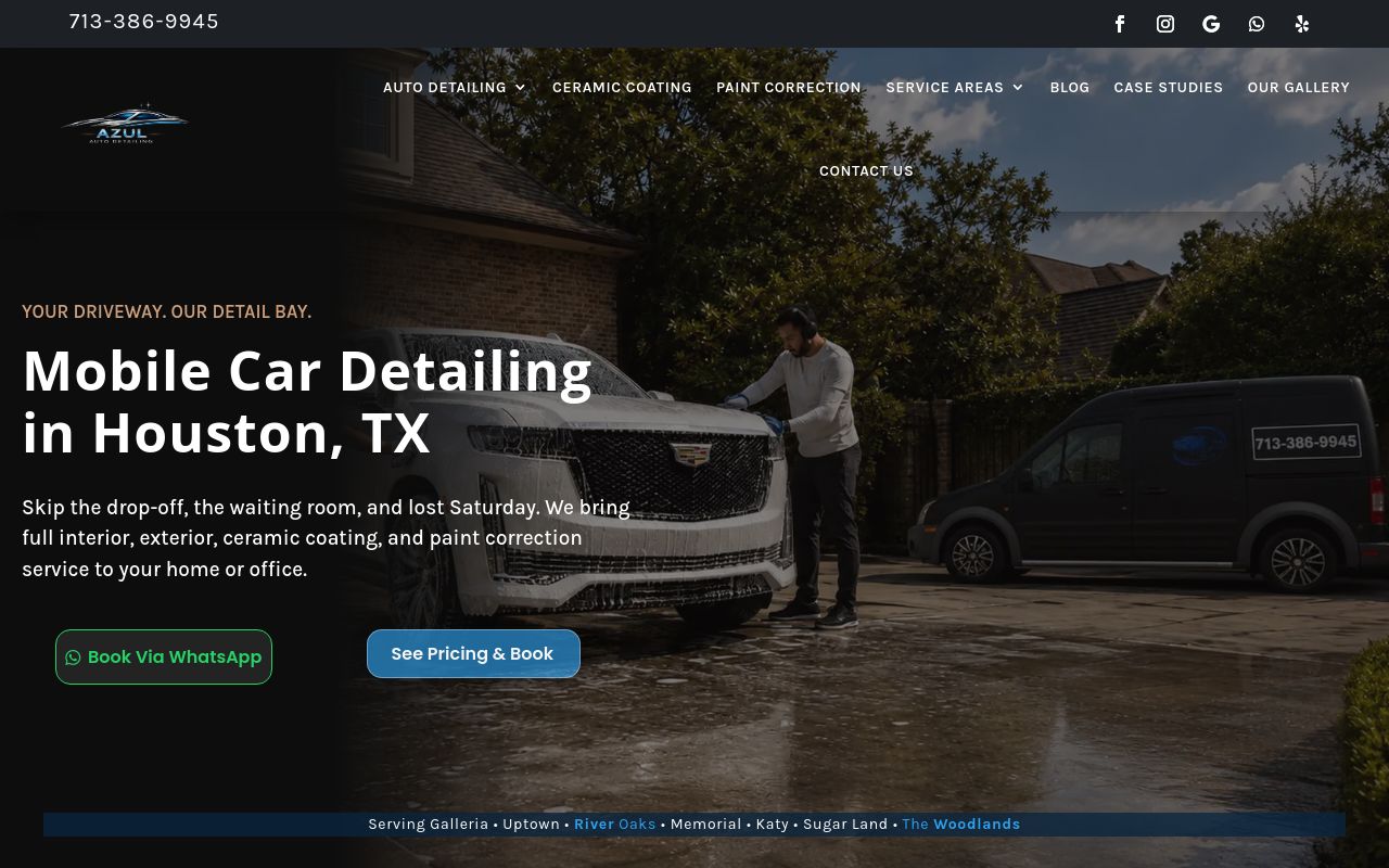 Homepage of Azul Auto Detailing Houston's website