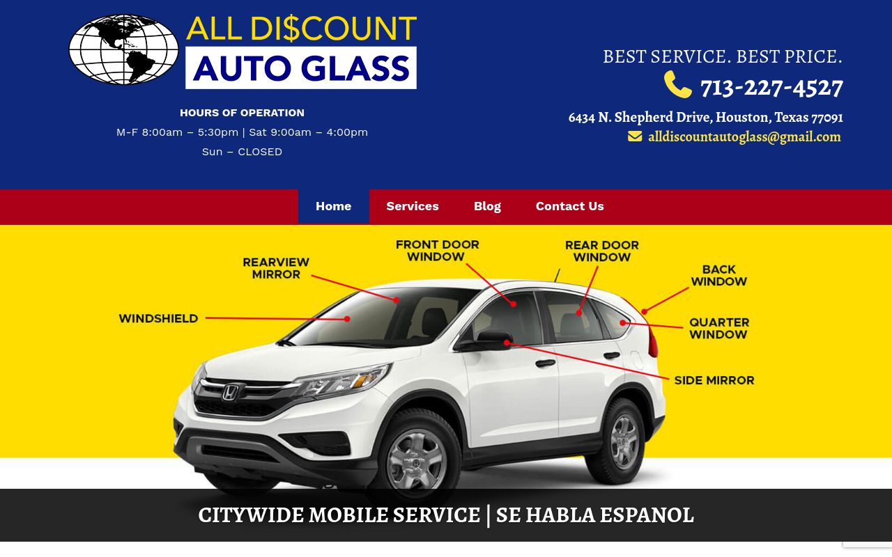 Homepage of All Discount Auto Glass's website