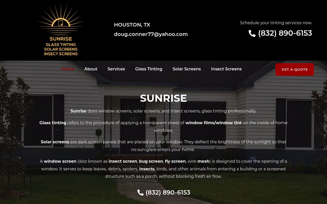 Homepage of Sunrise Glass Tinting's website