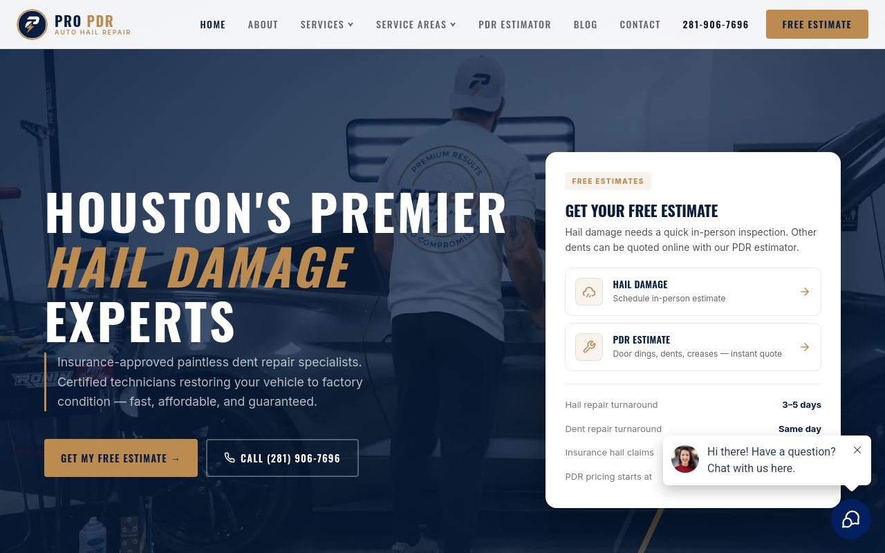 Homepage of Pro PDR - Auto Hail Repair's website
