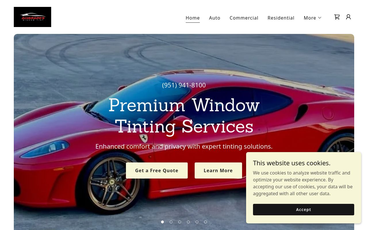 Homepage of Alvarado's Window Tint's website