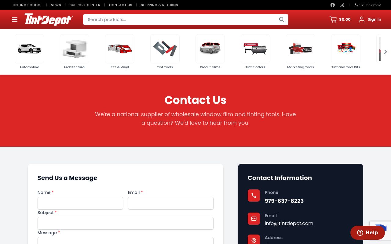 Homepage of Tintdepot's website