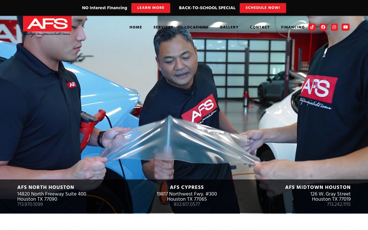 Homepage of Auto Film Specialists - Cypress's website