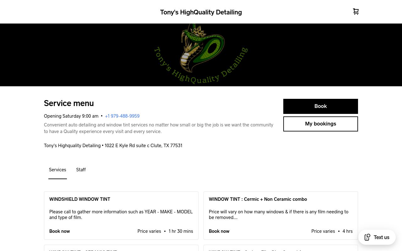 Homepage of Tony's Highquality Detailing's website