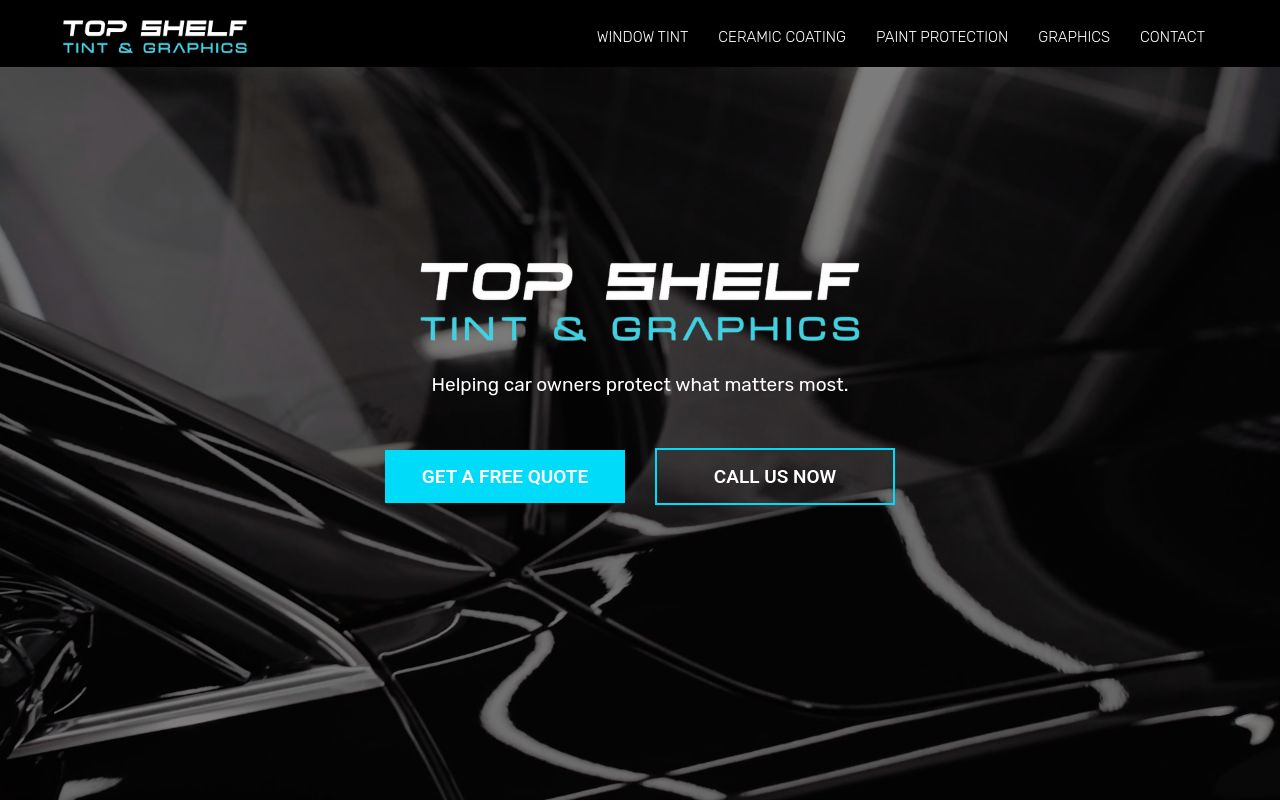 Homepage of Top Shelf Tint & Graphics's website