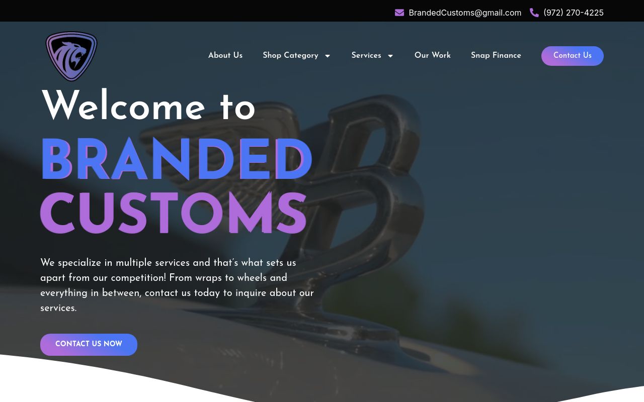 Homepage of Branded Customs's website