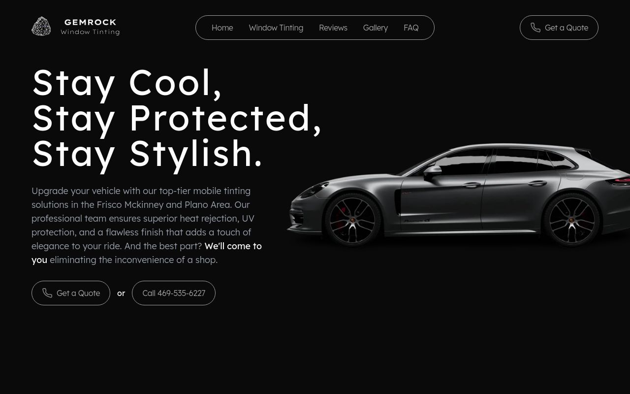 Homepage of Gemrock Window Tinting's website