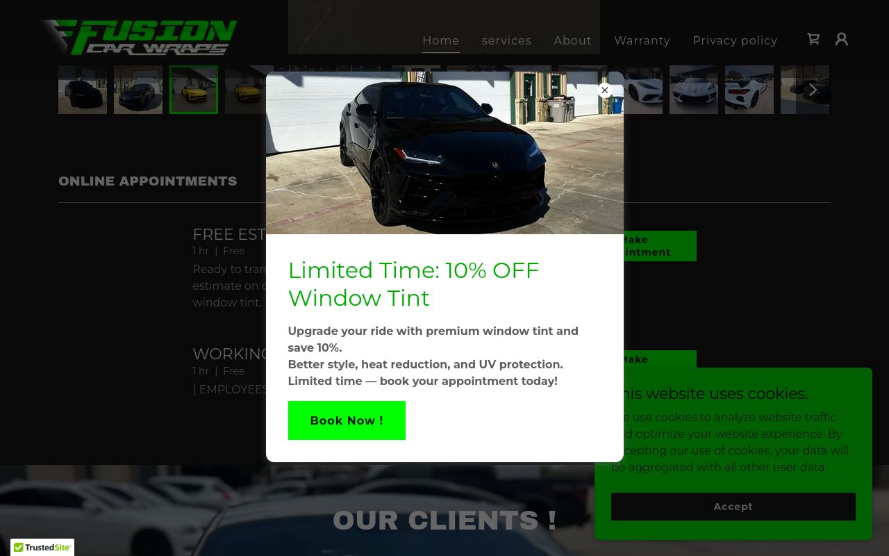 Homepage of Fusion car wraps's website