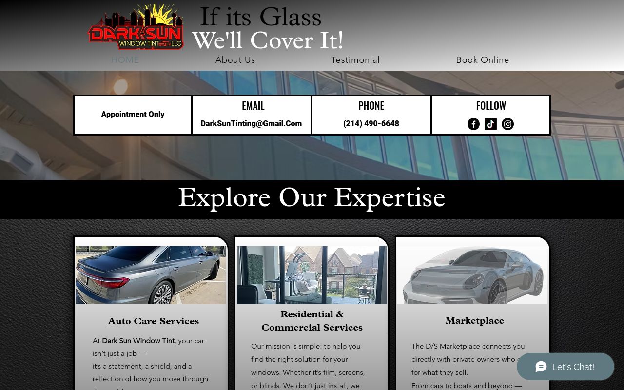 Homepage of Dark Sun Window Tint's website