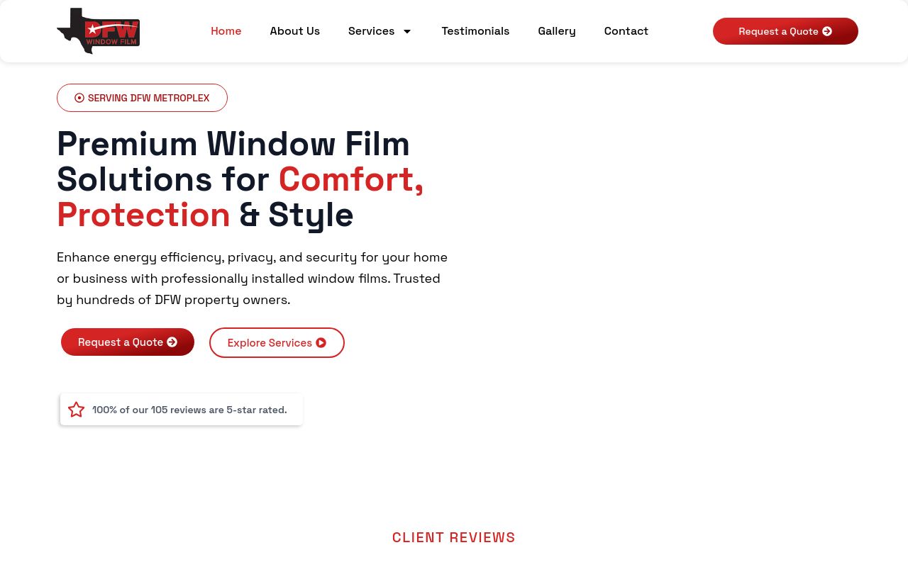 Homepage of DFW Window Film Inc's website