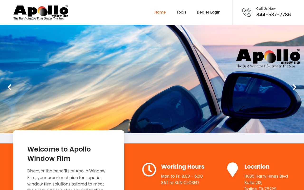 Homepage of Apollo Window Film's website