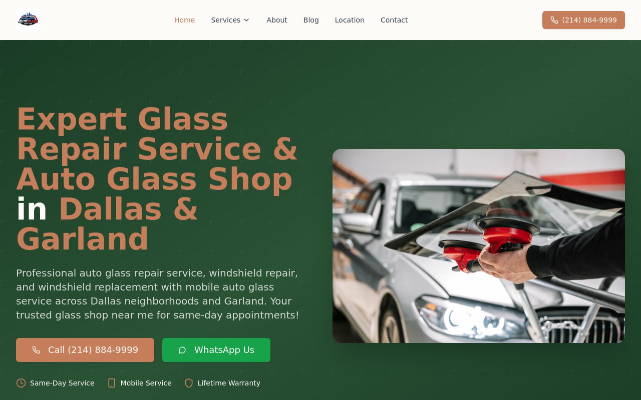 Homepage of Auto Glass Garland's website