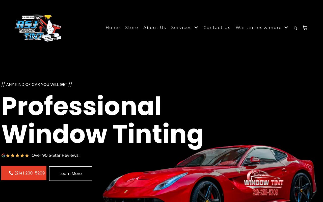 Homepage of RSJ Window Tint's website