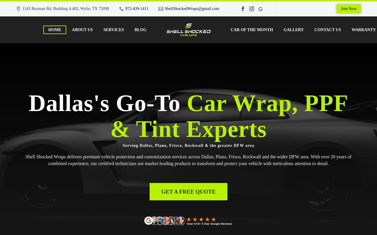 Homepage of Shell Shocked Wraps's website
