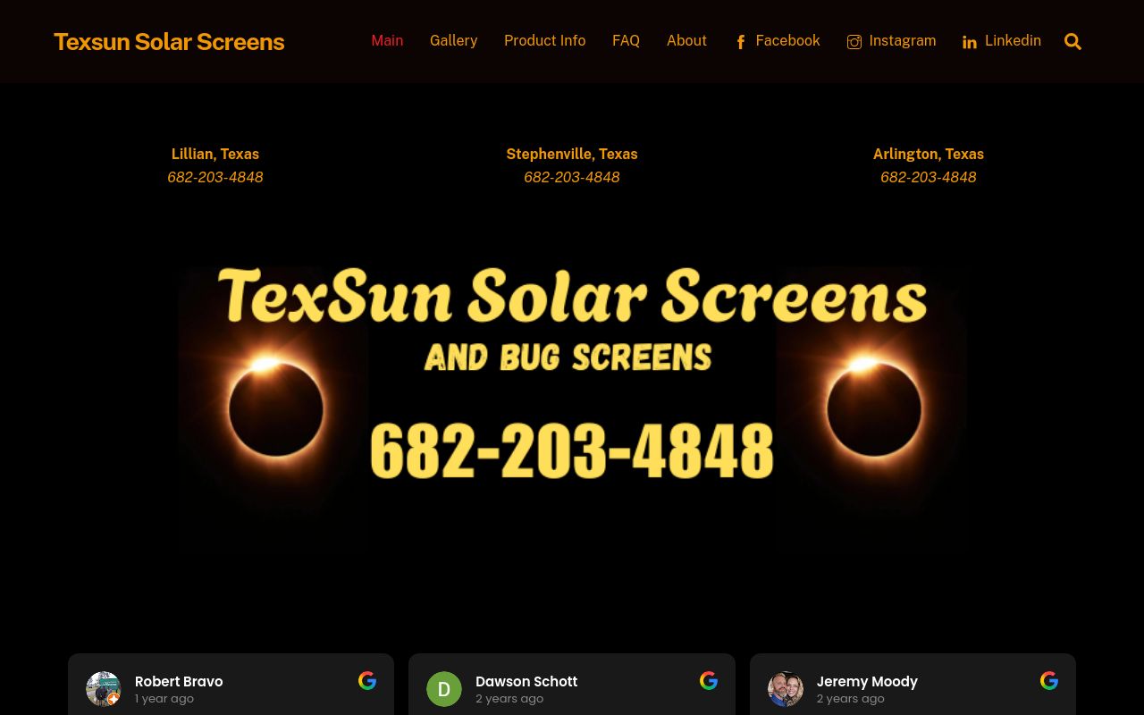 Homepage of Texsun Solar Screens's website