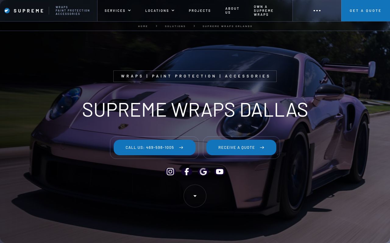 Homepage of Supreme Wraps Dallas's website